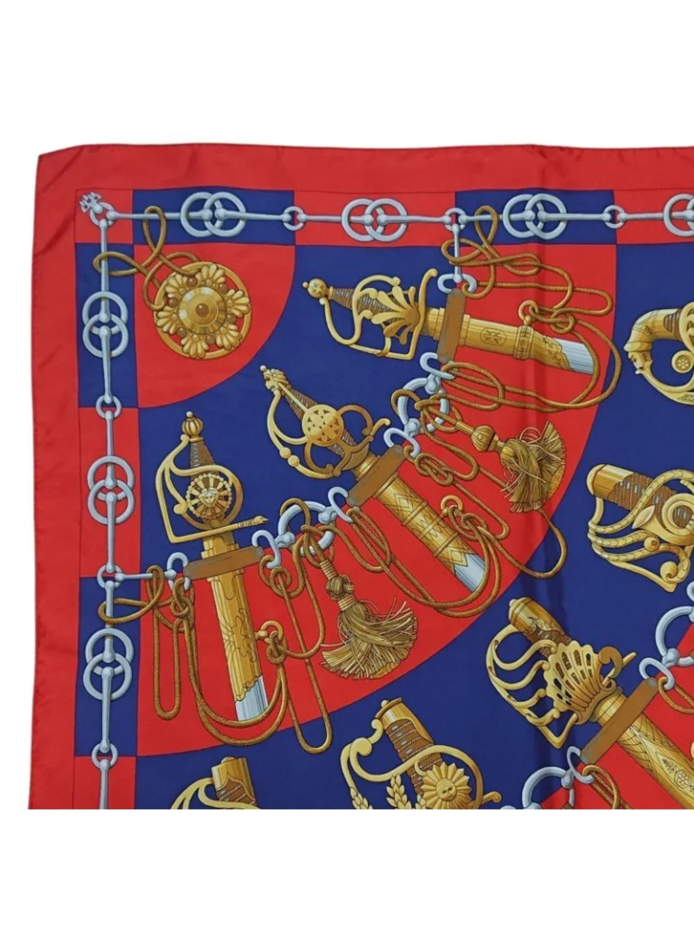 Hermes Carre 90 Cliquetis Silk Scarf Red Navy Gold